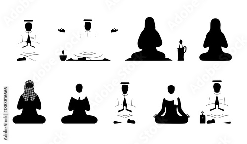 Arab People in Traditional Clothing Practicing Yoga and Wellness Vector Illustration Set