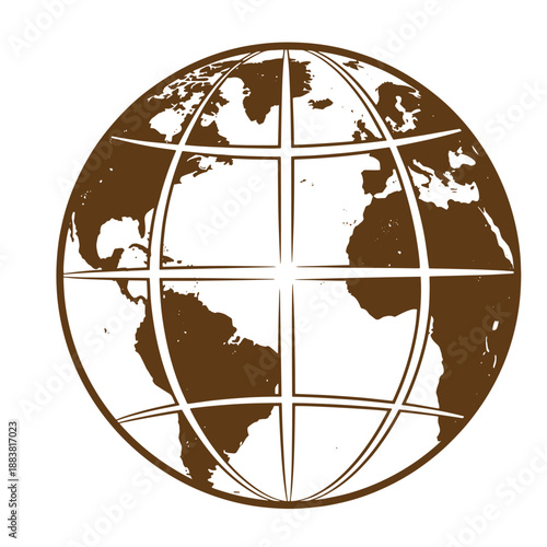 Drawing Vintage grunge  texture Brown globe illustration with white continents and grid lines on white background