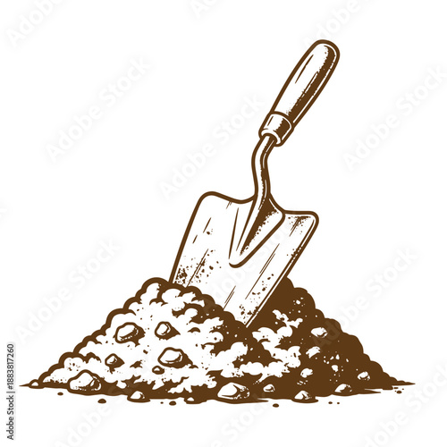 Drawing Vintage grunge  texture trowel and pile of soil for gardening or construction isolated on white background