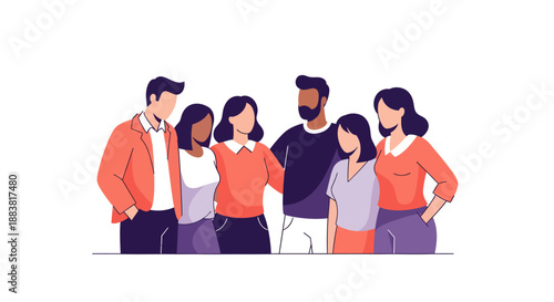 Diverse group of friends standing together happily.