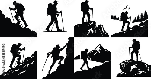 Hiking Adventure Silhouette Collection of Backpackers Trekking Mountains, Outdoor Exploration, Wilderness Travel Concept Illustration for Outdoor Lifestyle and Expedition Design