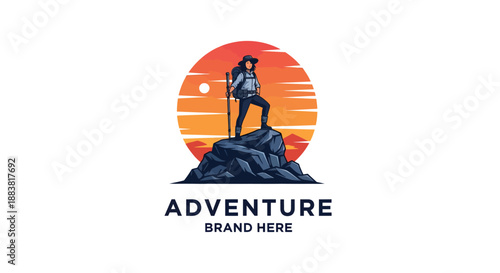 Hiker standing on mountain peak at sunset adventure logo.