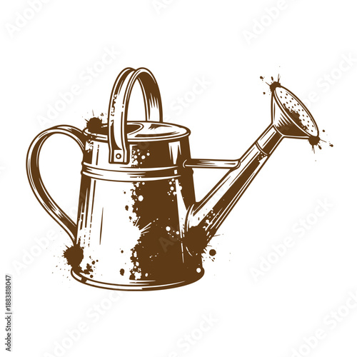 Drawing Vintage grunge  texture Brown illustration of a metal watering can with paint splatters on white background  gardening tool