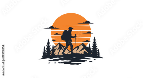 Silhouette of a hiker with a backpack and trekking pole, standing on a mountain peak.