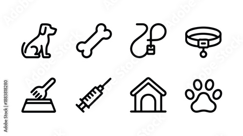 Clean outline vector icon set for dog and pet care. Simple graphics representing animals, veterinary services, and pet ownership.