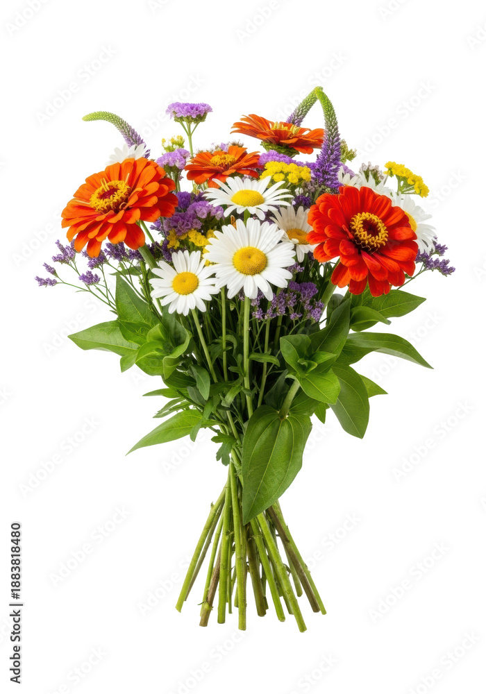 Obraz premium Vibrant diverse bouquet of orange red zinnias, white daisies, purple yellow filler, green foliage, on bright white background with copy space, concept of fresh summer beauty