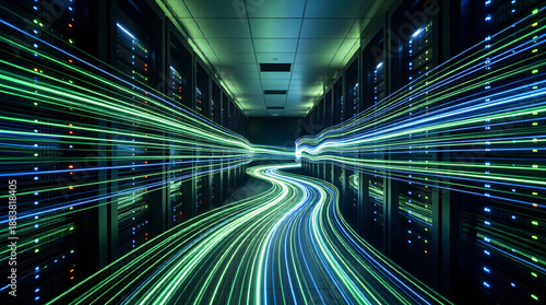 Energetic Flow of Green & Blue Light Streams in Abstract Data Center, Visualizing Digital Data Transfer, AI, Cloud Computing, and Energy-Efficient Enterprise Technology