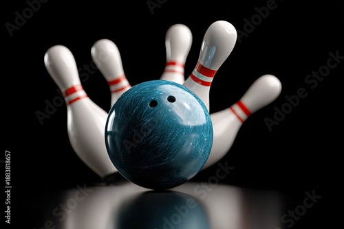 Close-up studio shot of a teal bowling ball about to collide with bowling pins against a black background