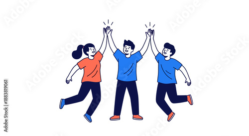 Three happy people jumping and giving high five, celebrating success and teamwork.