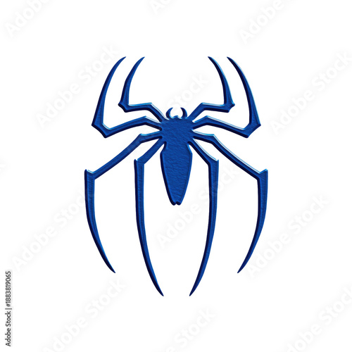A stylized blue arachnid emblem set against a stark black background