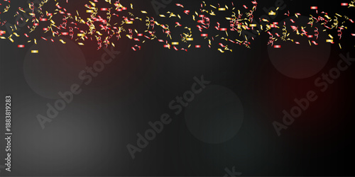 A dense scattering of red and gold confetti and streamers across a white background.