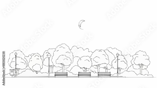 Hand drawn sketch of a park with trees benches and moon.