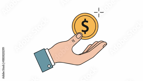 Hand holding a golden dollar coin with a dollar sign.
