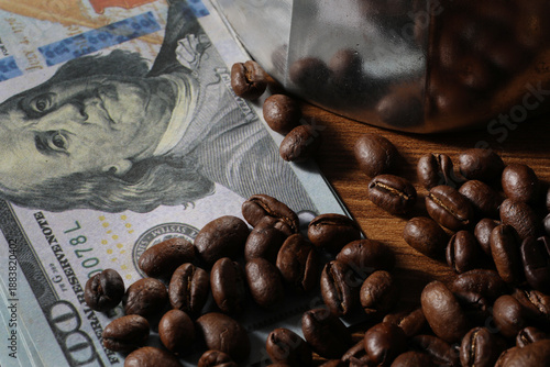 coffee beans on the background of a coffee cup and money. the concept of coffee.