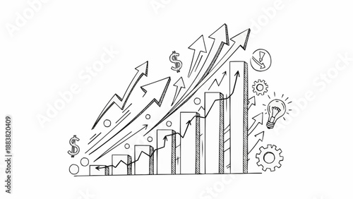 Hand drawn business growth chart with arrows and dollar signs.