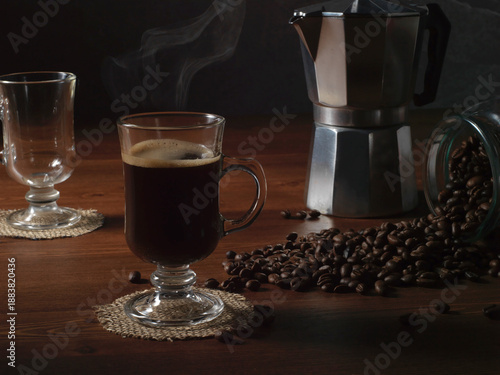 coffee beans on the background of a coffee cup and money. the concept of coffee.