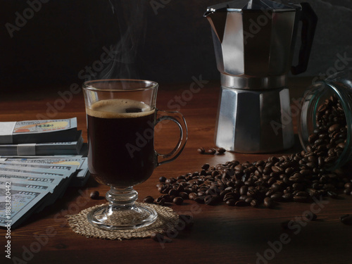 coffee beans on the background of a coffee cup and money. the concept of coffee.