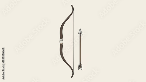 Hand drawn illustration of a bow and arrow on a light background.