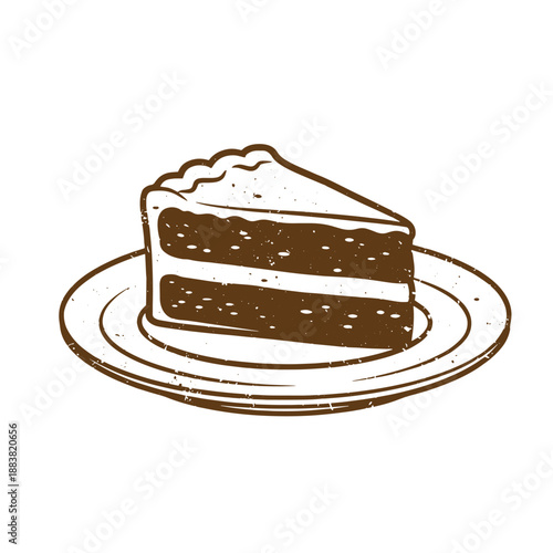 Drawing Vintage grunge  texture Brown chocolate cake slice on a plate with white frosting  dessert illustration