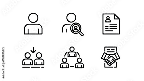 Minimalist vector icon set for human resources and people, modern flat design, clean symbols representing teamwork and community, professional business graphics.
