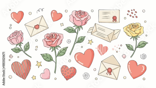 Hand Drawn Romantic Elements Featuring Roses Hearts and Envelopes.