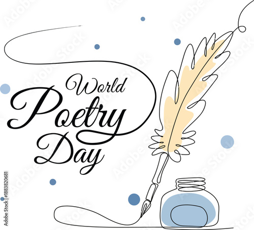 Continuous One Line Drawing of Feather Quill Inkwell and World Poetry Day Calligraphy Design