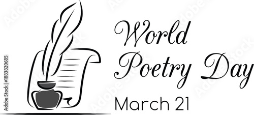 Vintage Style World Poetry Day Icon with Quill Pen Inkwell and Scroll for Literary Celebration