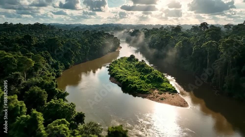 Wallpaper Mural Aerial view of a serene river winding through a dense, misty forest with lush greenery and a cloudy sky reflecting on the water's surface. Torontodigital.ca