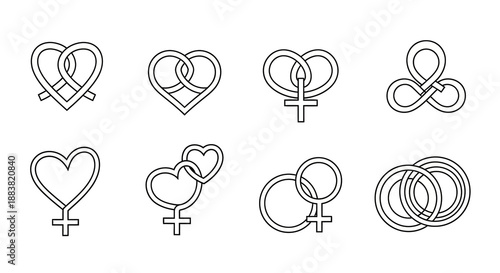 A collection of eight black line illustrations of intertwined love couple symbols and gender symbols on a white background.