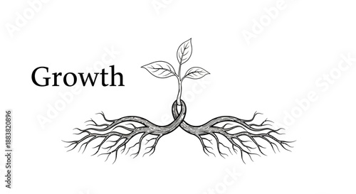 Illustration of intertwined roots forming a loving couple with a sprouting plant, symbolizing growth and freedom on a clean white background with simple line art.