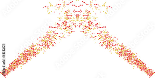 Symmetrical explosion of red and gold confetti and streamers, ideal for celebratory design elements