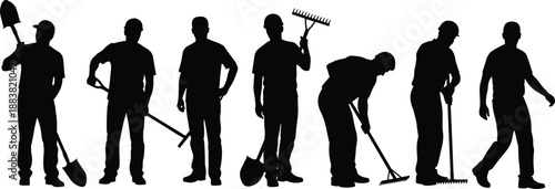 Manual labor worker silhouettes with shovels and rakes, gardening and construction tasks, black human figures performing outdoor maintenance isolated on white background