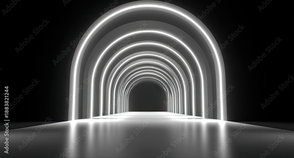 Fototapeta premium Futuristic tunnel with glowing arches, mirrored floor, and dark backdrop, creating a sense of depth