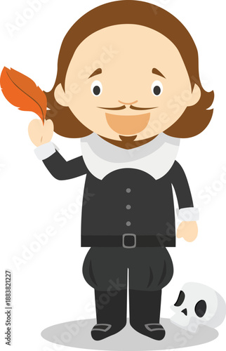 Cute Cartoon William Shakespeare Illustration with Quill Feather and Hamlet Skull