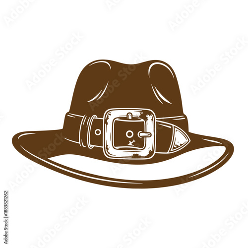 Drawing Vintage grunge  texture brown cowboy hat with wide brim and belt buckle  isolated on white background