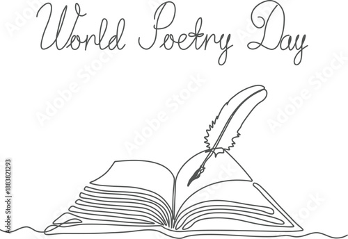 Continuous One Line Drawing of an Open Book and Feather Quill for World Poetry Day