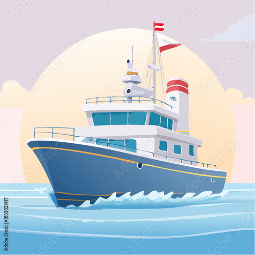 A majestic yacht sailing on calm waters with a serene sea and sky view