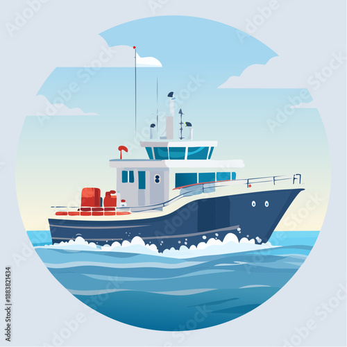 Marine Vessel Sailing on Ocean Waves with Clear Sky View from Side Angle