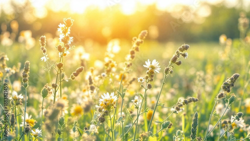 Wildflower field in soft sunlight, dreamy bokeh backdrop. Blooming grassland at golden hour, fresh natural texture. Spring floral meadow closeup with warm glow and blur light