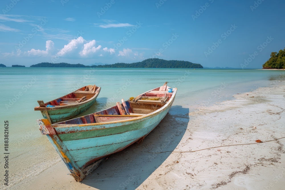 Fototapeta premium Wooden fishing vessels gently rest on a sandy shore under a bright blue sky