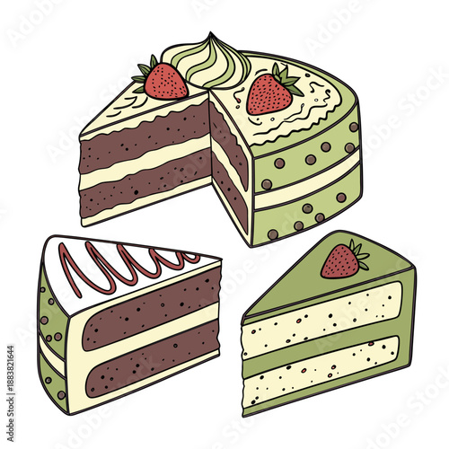 Hand drawn vector illustration of matcha green tea and chocolate layered cake slices with strawberries. Set of delicious bakery desserts with cream frosting and decorative toppings isolated on white.