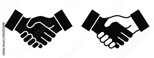 Two black silhouette handshake icons, simple agreement and partnership symbol, vector illustration for business trust and collaboration themes.