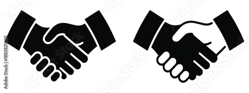Two black silhouette handshake icons, hands shaking symbol representing agreement partnership trust and professional cooperation concept.