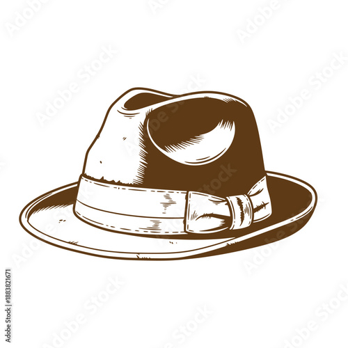 Drawing Vintage grunge  texture Brown fedora hat with wide brim and ribbon band  classic fashion accessory