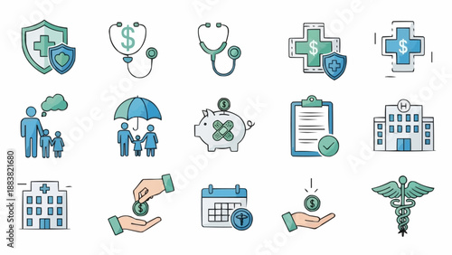 Healthcare Insurance Icons Representing Financial Protection and Well-being.