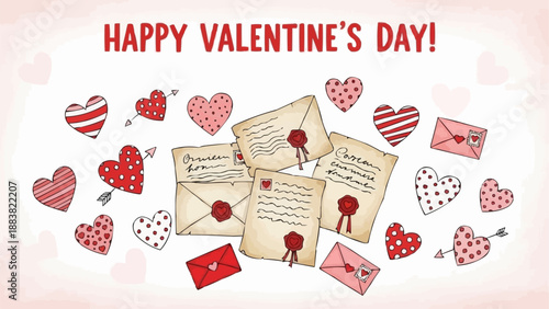 Happy Valentines Day Greeting Card with Hearts and Letters.