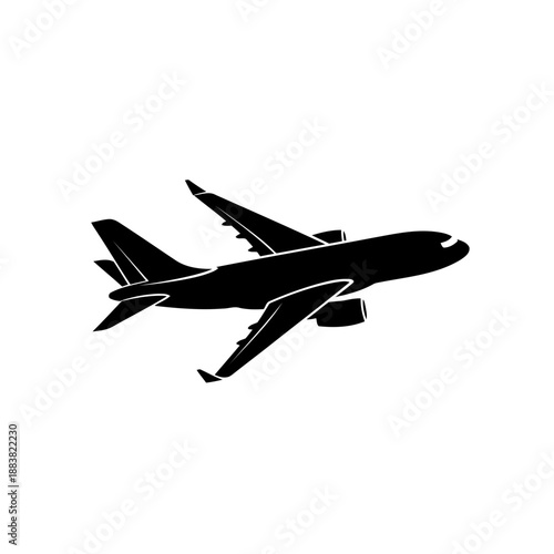 Silhouette of a commercial airplane in flight with wings extended and engines visible in black color