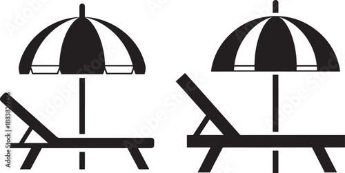 Beach chair silhouette under striped sun umbrella set