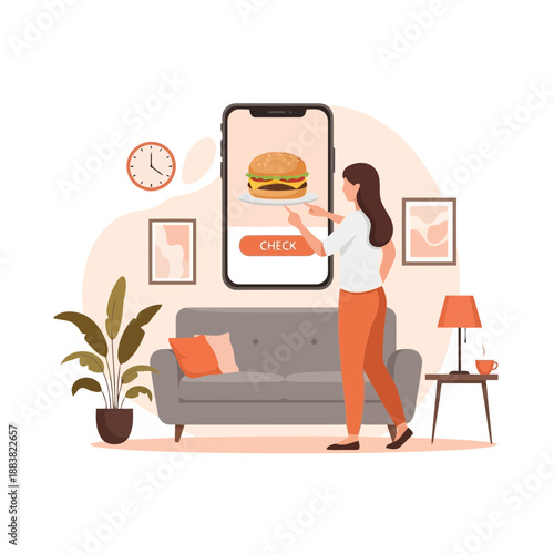 A woman using a smartphone to order food delivery while sitting on a couch