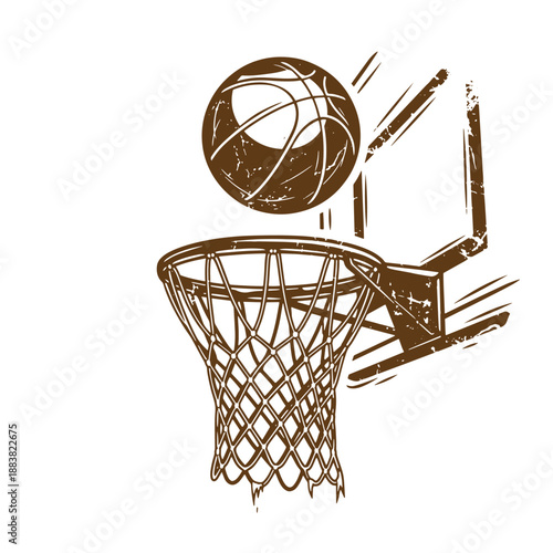 Drawing Vintage grunge  texture Brown illustration of a basketball going through hoop with net and backboard in sepia tones  sports action scene